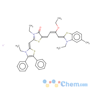 CAS No:105176-22-5 Thiazolium,5-[3-ethoxy-4-(3-ethyl-5-methyl-2(3H)-benzothiazolylidene)-2-buten-1-ylidene]-3-ethyl-2-[(3-ethyl-4,5-diphenyl-2(3H)-thiazolylidene)methyl]-4-oxo-,iodide (1:1)