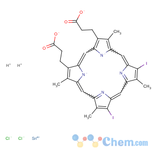 CAS No:110019-33-5 Stannate(2-),dichloro[7,12-diiodo-3,8,13,17-tetramethyl-21H,23H-porphine-2,18-dipropanoato(4-)-N21,N22,N23,N24]-,dihydrogen, (OC-6-13)- (9CI)