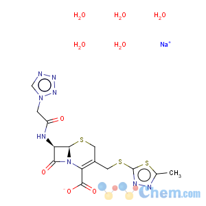CAS No:115850-11-8 5-Thia-1-azabicyclo[4.2.0]oct-2-ene-2-carboxylicacid,3-[[(5-methyl-1,3,4-thiadiazol-2-yl)thio]methyl]-8-oxo-7-[[2-(1H-tetrazol-1-yl)acetyl]amino]-,sodium salt, hydrate (1:1:5), (6R,7R)-