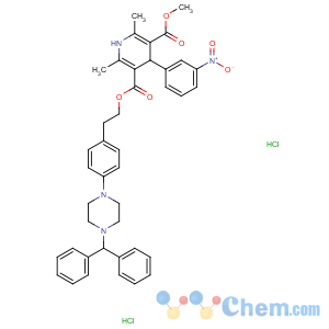 CAS No:133743-71-2 3,5-Pyridinedicarboxylicacid, 1,4-dihydro-2,6-dimethyl-4-(3-nitrophenyl)-,3-[2-[4-[4-(diphenylmethyl)-1-piperazinyl]phenyl]ethyl] 5-methyl ester,hydrochloride (1:2)