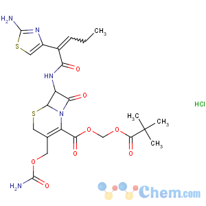 CAS No:147816-23-7 5-Thia-1-azabicyclo[4.2.0]oct-2-ene-2-carboxylicacid,3-[[(aminocarbonyl)oxy]methyl]-7-[[(2Z)-2-(2-amino-4-thiazolyl)-1-oxo-2-penten-1-yl]amino]-8-oxo-,(2,2-dimethyl-1-oxopropoxy)methyl ester, hydrochloride (1:1), (6R,7R)-