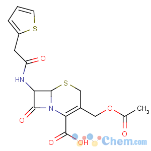 CAS No:153-61-7 (6R,<br />7R)-3-(acetyloxymethyl)-8-oxo-7-[(2-thiophen-2-ylacetyl)amino]-5-thia-1-<br />azabicyclo[4.2.0]oct-2-ene-2-carboxylic acid