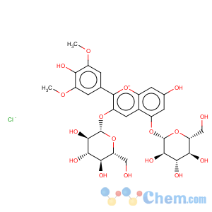 CAS No:16727-30-3 1-Benzopyrylium,3,5-bis(b-D-glucopyranosyloxy)-7-hydroxy-2-(4-hydroxy-3,5-dimethoxyphenyl)-,chloride (1:1)