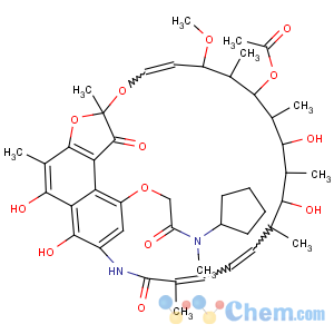 CAS No:17607-41-9 (24E)-9-{2-[cyclopentyl(methyl)amino]-2-oxoethoxy}-5,6,17,19-tetrahydroxy-23-methoxy-2,4,12,16,18,20,22-heptamethyl-1,11-dioxo-1,2-dihydro-2,7-(epoxypentadeca[1,11,13]trienoimino)naphtho[2,1-b]furan-21-yl acetate
