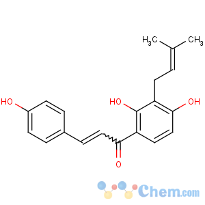 CAS No:20784-50-3 (E)-1-[2,<br />4-dihydroxy-3-(3-methylbut-2-enyl)phenyl]-3-(4-hydroxyphenyl)prop-2-en-<br />1-one