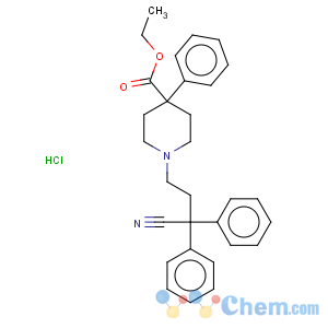 CAS No:3810-80-8 4-Piperidinecarboxylicacid, 1-(3-cyano-3,3-diphenylpropyl)-4-phenyl-, ethyl ester, hydrochloride(1:1)
