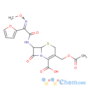 CAS No:39685-31-9 (6R,<br />7R)-3-(acetyloxymethyl)-7-[[(2Z)-2-(furan-2-yl)-2-methoxyiminoacetyl]<br />amino]-8-oxo-5-thia-1-azabicyclo[4.2.0]oct-2-ene-2-carboxylic acid