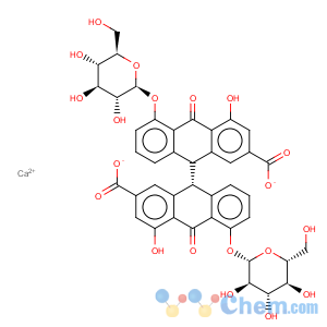 CAS No:52730-36-6 (r*,r*)-5,5'-bis(beta-d-glucopyranosyloxy)-9,9',10,10'-tetrahydro-4,4'-dihydroxy-10,10'-dioxo[9,9'-bianthracene]-2,2'-dicarboxylic acid, calcium salt