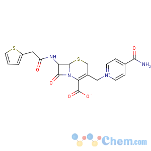 CAS No:5575-21-3 (6R,<br />7R)-3-[(4-carbamoylpyridin-1-ium-1-yl)methyl]-8-oxo-7-[(2-thiophen-2-<br />ylacetyl)amino]-5-thia-1-azabicyclo[4.2.0]oct-2-ene-2-carboxylate