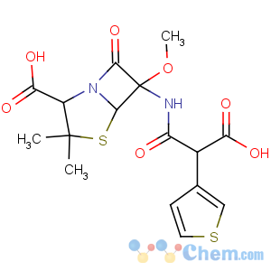 CAS No:66148-78-5 (2S,5R,6S)-6-[(2-carboxy-2-thiophen-3-ylacetyl)amino]-6-methoxy-3,<br />3-dimethyl-7-oxo-4-thia-1-azabicyclo[3.2.0]heptane-2-carboxylic acid