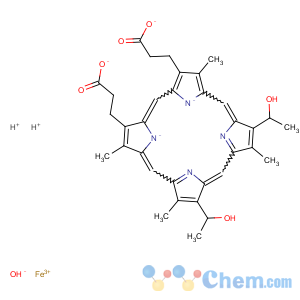 CAS No:70086-81-6 Ferrate(2-),[7,12-bis(1-hydroxyethyl)-3,8,13,17-tetramethyl-21H,23H-porphine-2,18-dipropanoato(4-)-N21,N22,N23,N24]hydroxy-,dihydrogen, (SP-5-13)- (9CI)