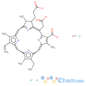CAS No:72984-30-6 tripotassium (2S-trans)-[18-carboxy-20-(carboxymethyl)-13-ethyl-2,3-dihydro-3,7,12,17-tetramethyl-8-vinyl-21H,23H-porphine-2-propionato(5-)-N21,N22,N23,N24]cuprate(3-)