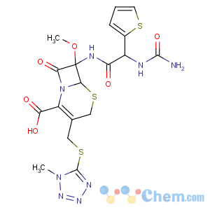 CAS No:73764-72-4 (6R,<br />7S)-7-[[2-(carbamoylamino)-2-thiophen-2-ylacetyl]amino]-7-methoxy-3-[(1-<br />methyltetrazol-5-yl)sulfanylmethyl]-8-oxo-5-thia-1-azabicyclo[4.2.0]oct-<br />2-ene-2-carboxylic acid