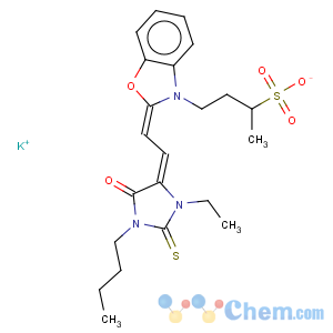 CAS No:77418-33-8 3(2H)-Benzoxazolebutanesulfonicacid, 2-[2-(1-butyl-3-ethyl-5-oxo-2-thioxo-4-imidazolidinylidene)ethylidene]-,potassium salt (1:1)