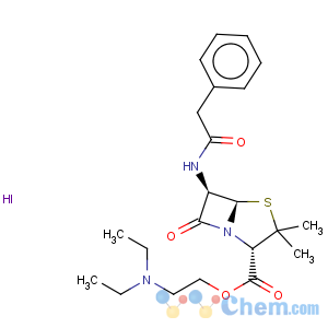CAS No:808-71-9 4-Thia-1-azabicyclo[3.2.0]heptane-2-carboxylicacid, 3,3-dimethyl-7-oxo-6-[(phenylacetyl)amino]-, 2-(diethylamino)ethyl ester,hydriodide (1:1), (2S,5R,6R)-