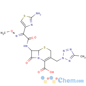 CAS No:82547-58-8 (6R,7R)-7-[[(2Z)-2-(2-amino-1,<br />3-thiazol-4-yl)-2-methoxyiminoacetyl]amino]-3-[(5-methyltetrazol-2-yl)<br />methyl]-8-oxo-5-thia-1-azabicyclo[4.2.0]oct-2-ene-2-carboxylic acid
