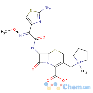 CAS No:88040-23-7 (6R,7R)-7-[[(2Z)-2-(2-amino-1,<br />3-thiazol-4-yl)-2-methoxyiminoacetyl]amino]-3-[(1-methylpyrrolidin-1-<br />ium-1-yl)methyl]-8-oxo-5-thia-1-azabicyclo[4.2.0]oct-2-ene-2-carboxylate