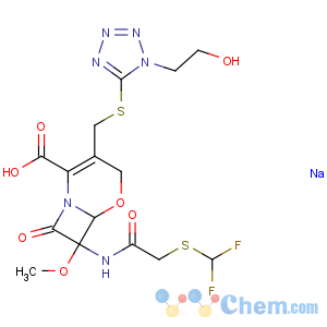CAS No:92823-03-5 (6R,<br />7R)-7-[[2-(difluoromethylsulfanyl)acetyl]amino]-3-[[1-(2-hydroxyethyl)<br />tetrazol-5-yl]sulfanylmethyl]-7-methoxy-8-oxo-5-oxa-1-azabicyclo[4.2.0]<br />oct-2-ene-2-carboxylic acid