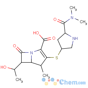 CAS No:96036-03-2 (4R,5S,6S)-3-[(3S,<br />5S)-5-(dimethylcarbamoyl)pyrrolidin-3-yl]sulfanyl-6-[(1R)-1-<br />hydroxyethyl]-4-methyl-7-oxo-1-azabicyclo[3.2.0]hept-2-ene-2-carboxylic<br />acid