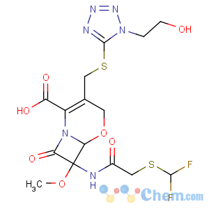 CAS No:99665-00-6 (6R,<br />7R)-7-[[2-(difluoromethylsulfanyl)acetyl]amino]-3-[[1-(2-hydroxyethyl)<br />tetrazol-5-yl]sulfanylmethyl]-7-methoxy-8-oxo-5-oxa-1-azabicyclo[4.2.0]<br />oct-2-ene-2-carboxylic acid